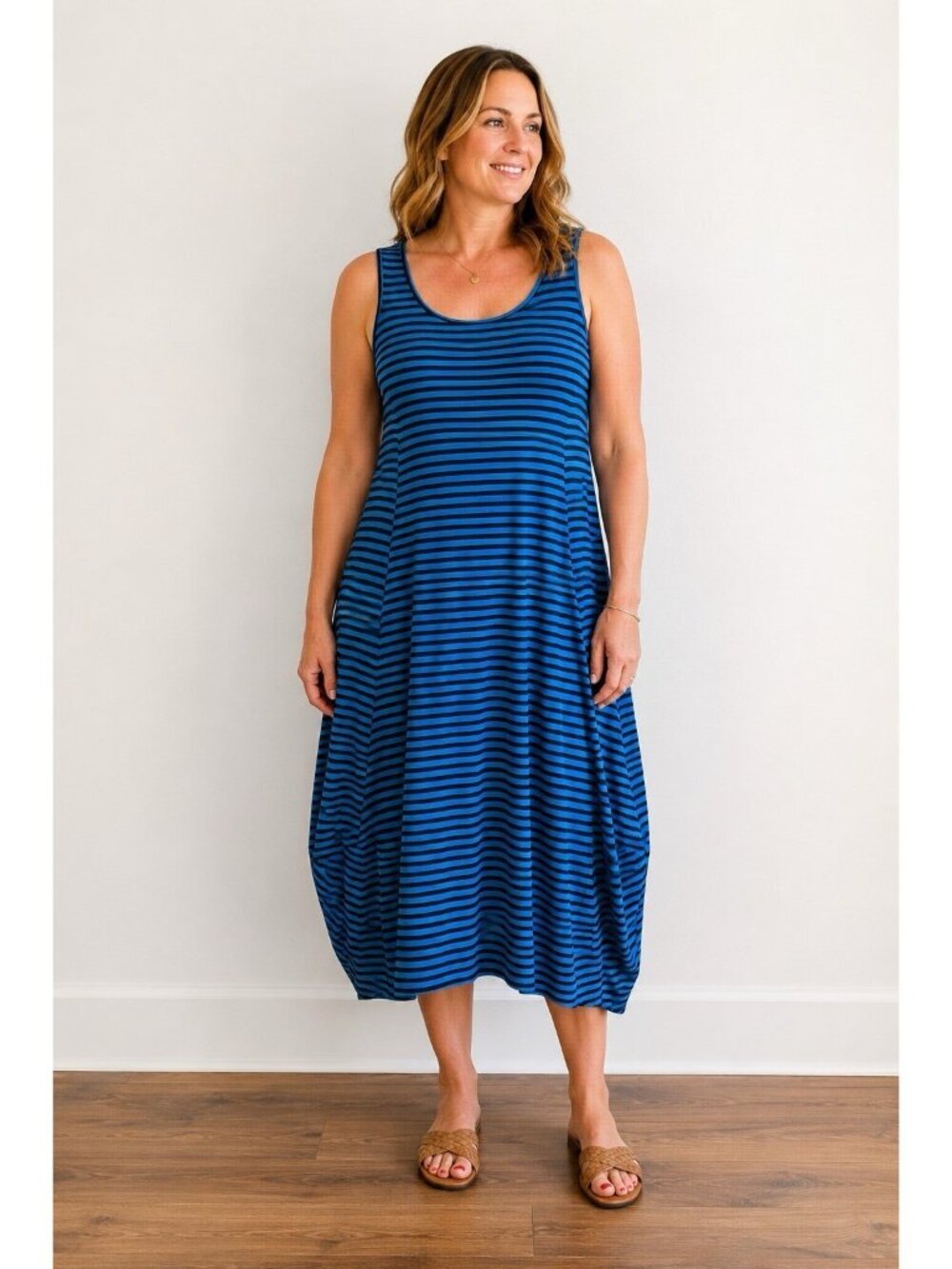 Comfy USA Womens Lantern Dress Sz Small Blue Black Stripe Midi Lagenlook Sundres